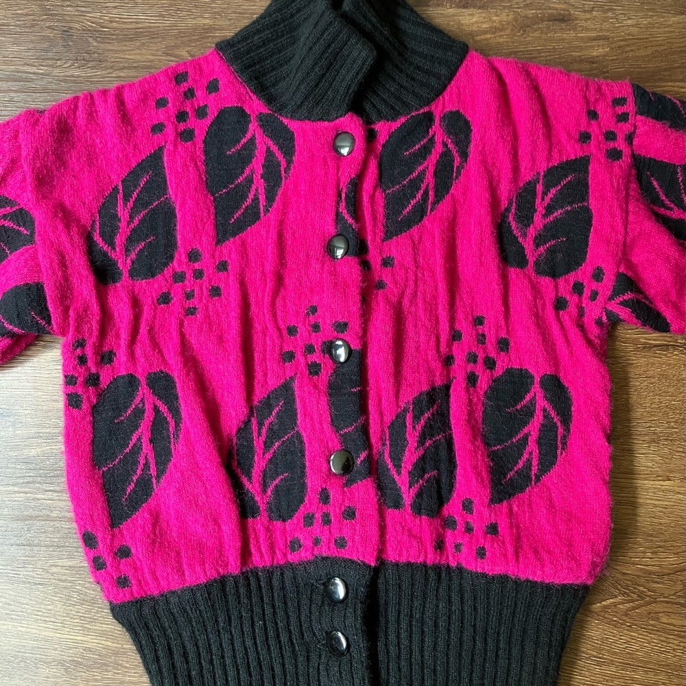 Vintage '80s Fuchsia & Black Fuzzy Textured Sweater Jacket Peck & Peck L/XL